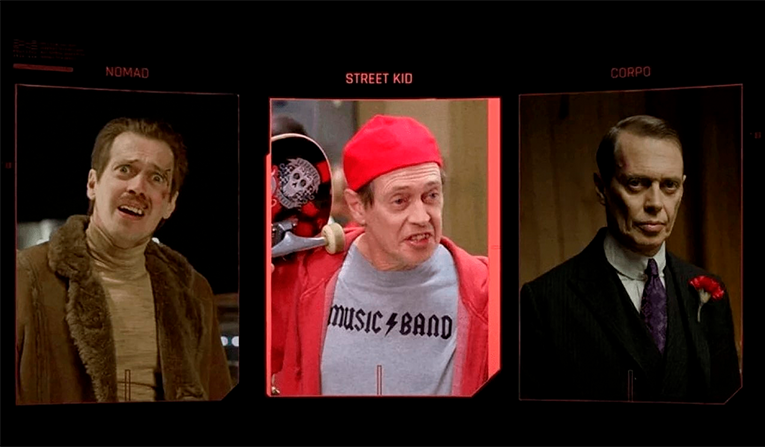 Cyberpunk 2077 lifepath selection screen with Steven Buscemi