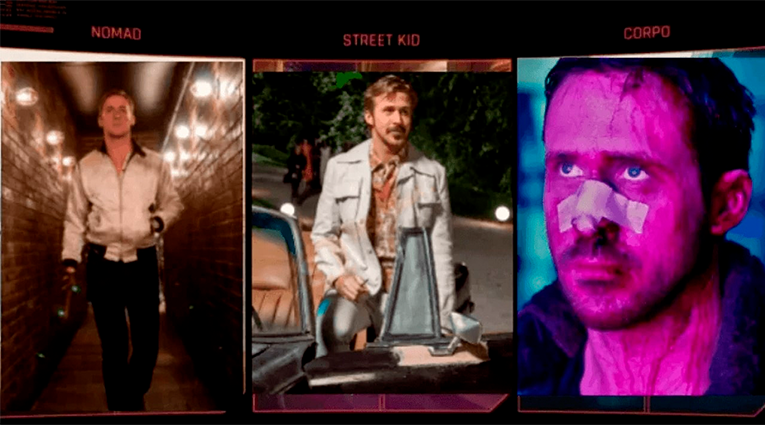 Cyberpunk 2077 lifepath selection screen with Ryan Gosling
