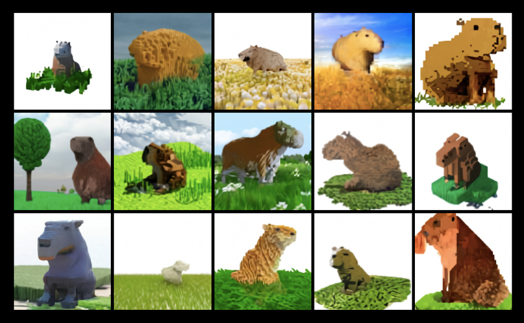 A capybara made of voxels sitting in a field