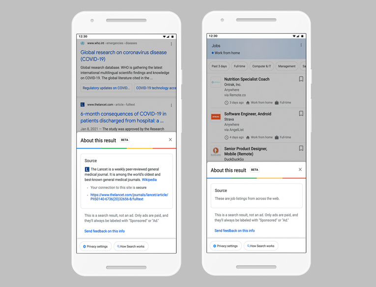 Google 'About this result" feature on mobile