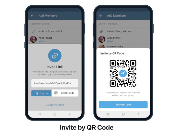 Invite links converted into QR codes