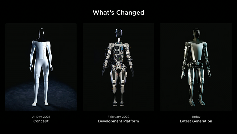 The three different prototypes of Tesla's humanoid robot